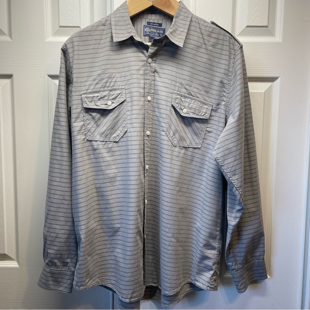 American Rag Men’s Long Sleeve Button Up Shirt Gray Striped Chest Pockets Sz XXL